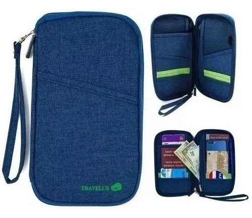Organizador Viaje Porta Documentos Pasaporte Tarjeta Celular Color Azul