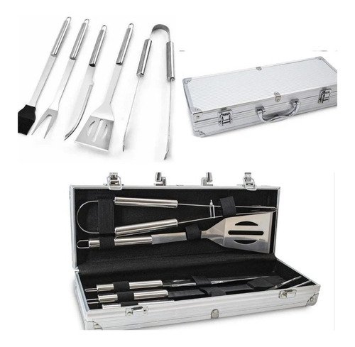 Set Parrilla Parrillero 5 Piezas Acero Inox Asado Estuche