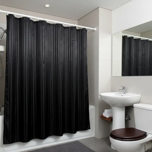 Set Cortina De Baño Tela Hotelera Antihongo Ganchos Bolsito Negro Rayas