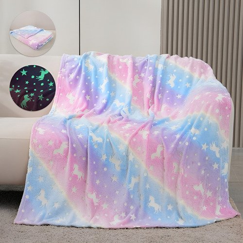 Manta Luminosa Brilla En Oscuridad 1 1/2 Plaza Poliester 220x160 Cm Estampado Unicornio Arcoiris