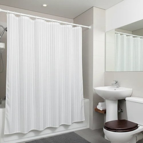 Set Cortina De Baño Tela Hotelera Antihongo Ganchos Bolsito Blanco Rayas