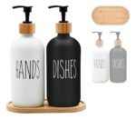 Juego De Dispensador De Jabón De Vidrio Base Bambu Blanco/negro