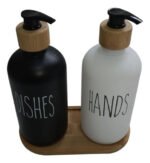 Juego De Dispensador De Jabón De Vidrio Base Bambu Blanco/negro - Imagen 2