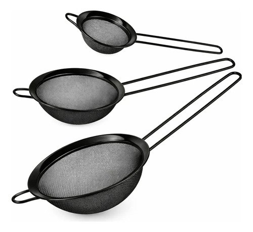 Set X3 Coladores Tamizador De Cocina Malla Acero 8,5 10 12cm Negro