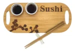 Set Tabla De Sushi + 2 Cuencos Para Salsas + Apoyo + Palitos Color Bambú Individual