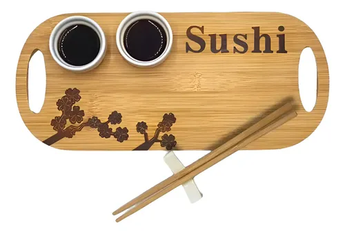 Set Tabla De Sushi + 2 Cuencos Para Salsas + Apoyo + Palitos Color Bambú Individual