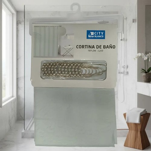 Cortina Baño Teflón Ganchos Acero Lista Para Colgar Lisa Color Verde Liso