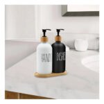 Juego De Dispensador De Jabón De Vidrio Base Bambu Blanco/negro - Imagen 3