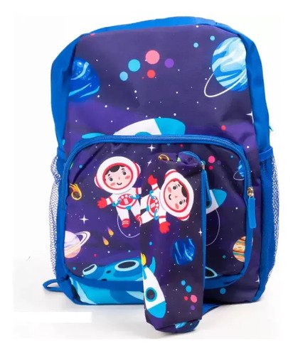 Mochila Escolar Colegio Nena Con Cartuchera Unicornio Color Azul Diseño De La Tela Estampado Astronauta