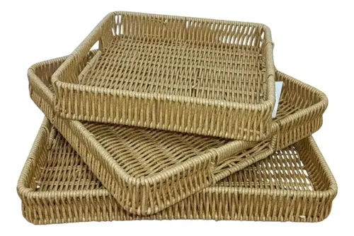 Set X3 Bandeja Cuadrada Simil Mimbre Desayuno Cama Mesa Mate Color Único