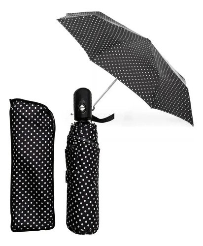 Paragüas Reforzado Corto Automático Anti-viento Color Negro Diseño De La Tela Lunares